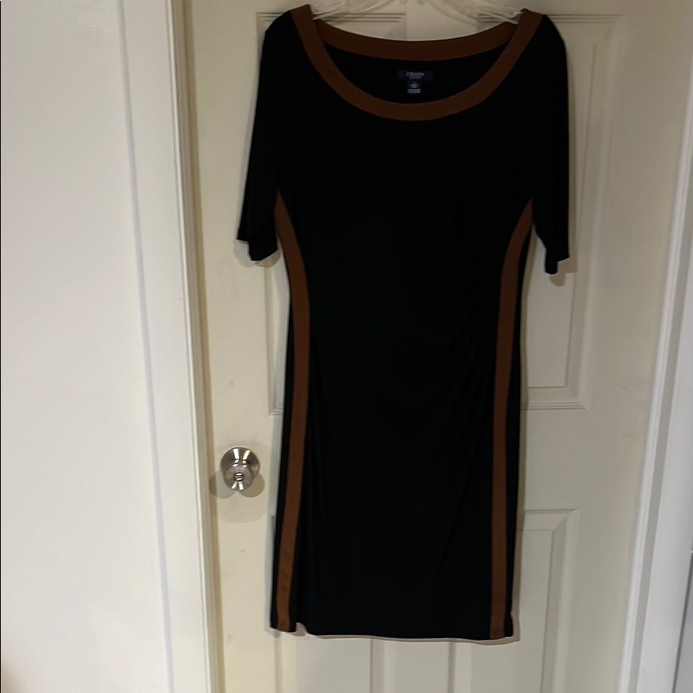 Chaps Black Sheath Dress with Short Sleeves, Ruched Side and Crew Neck